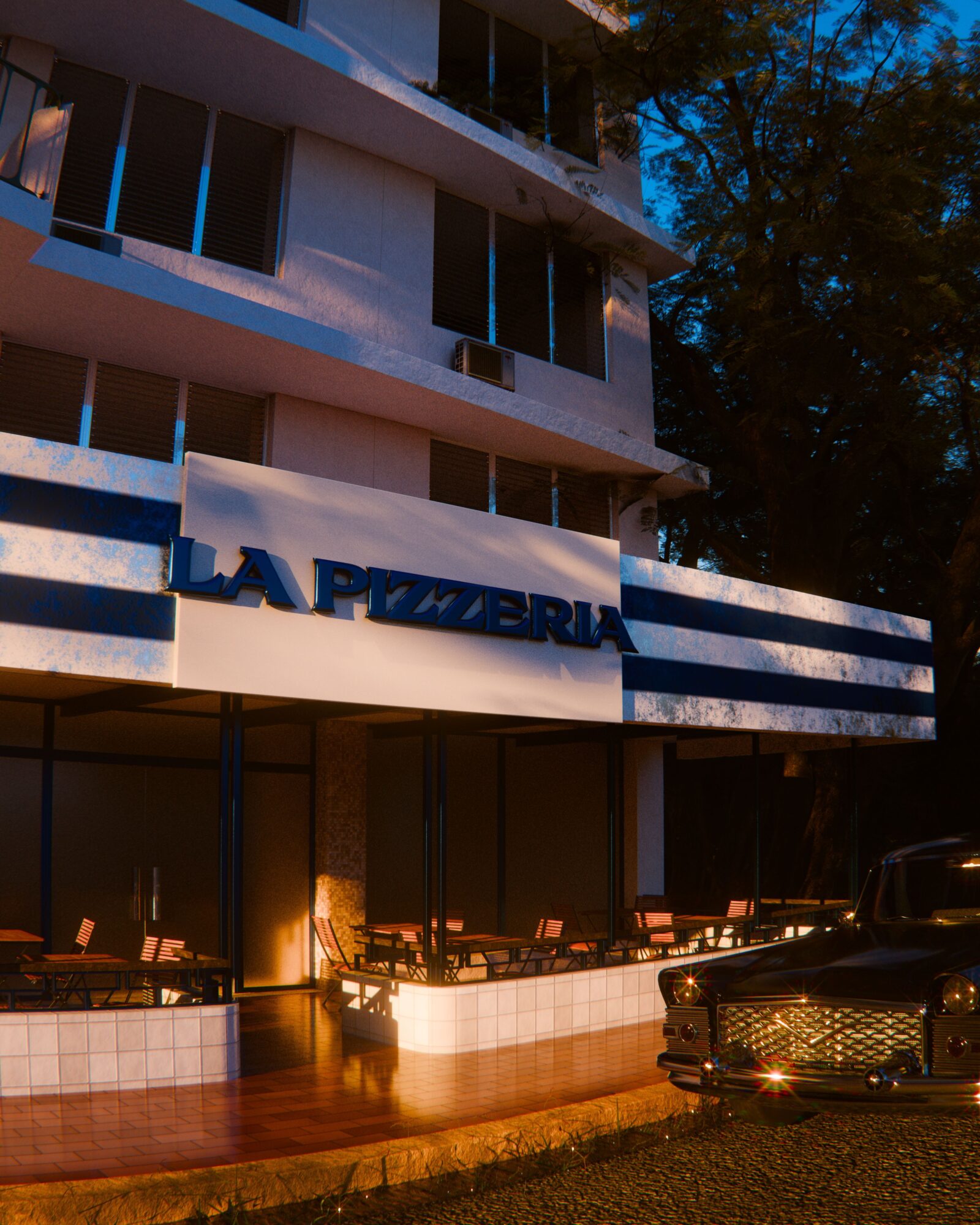 Sfeervolle gevel van een pizzeria in de avond